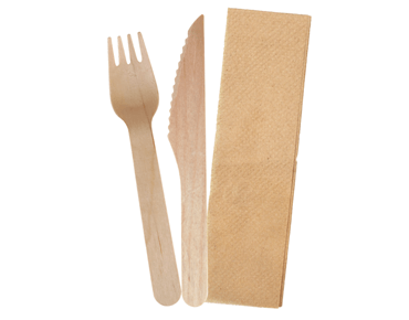 Envirocutlery™ Pack - Wooden Knife, Fork & Brown Napkin