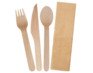 Envirocutlery Pack - Wooden Knife, Fork, Spoon & Brown Napkin