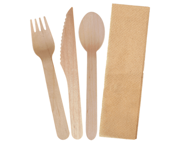 Envirocutlery™ Pack - Wooden Knife, Fork, Spoon & Brown Napkin