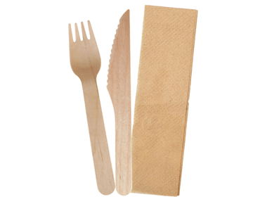 [CA-WNAPCUT] Envirocutlery Pack - Wooden Knife, Fork & Brown Napkin